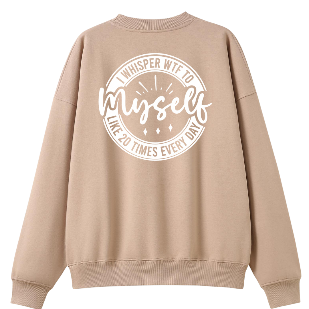 Beige sweatshirt with white text on the back on a white background