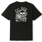 Black t-shirt with white graphic design and text on a white background