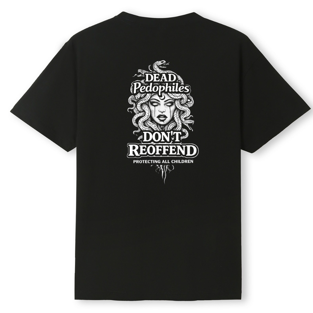 Black t-shirt with white graphic and text on a white background