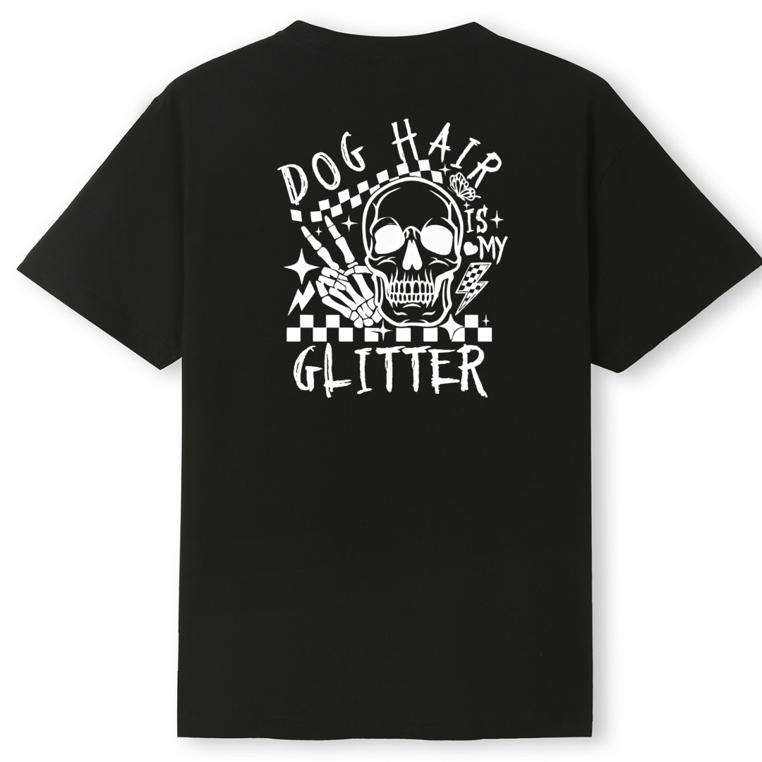 Black t-shirt with a skull design and text on the back against a white background