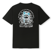 Black t-shirt with a skull and floral design on the back, featuring text.