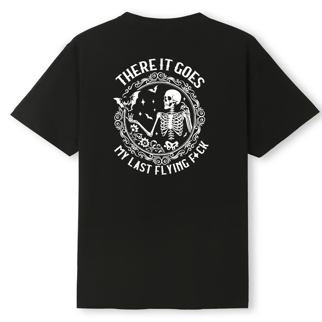 Black t-shirt with a white graphic and text on the back, on a white background