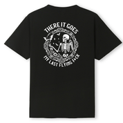 Black t-shirt with a white graphic and text on the back, on a white background