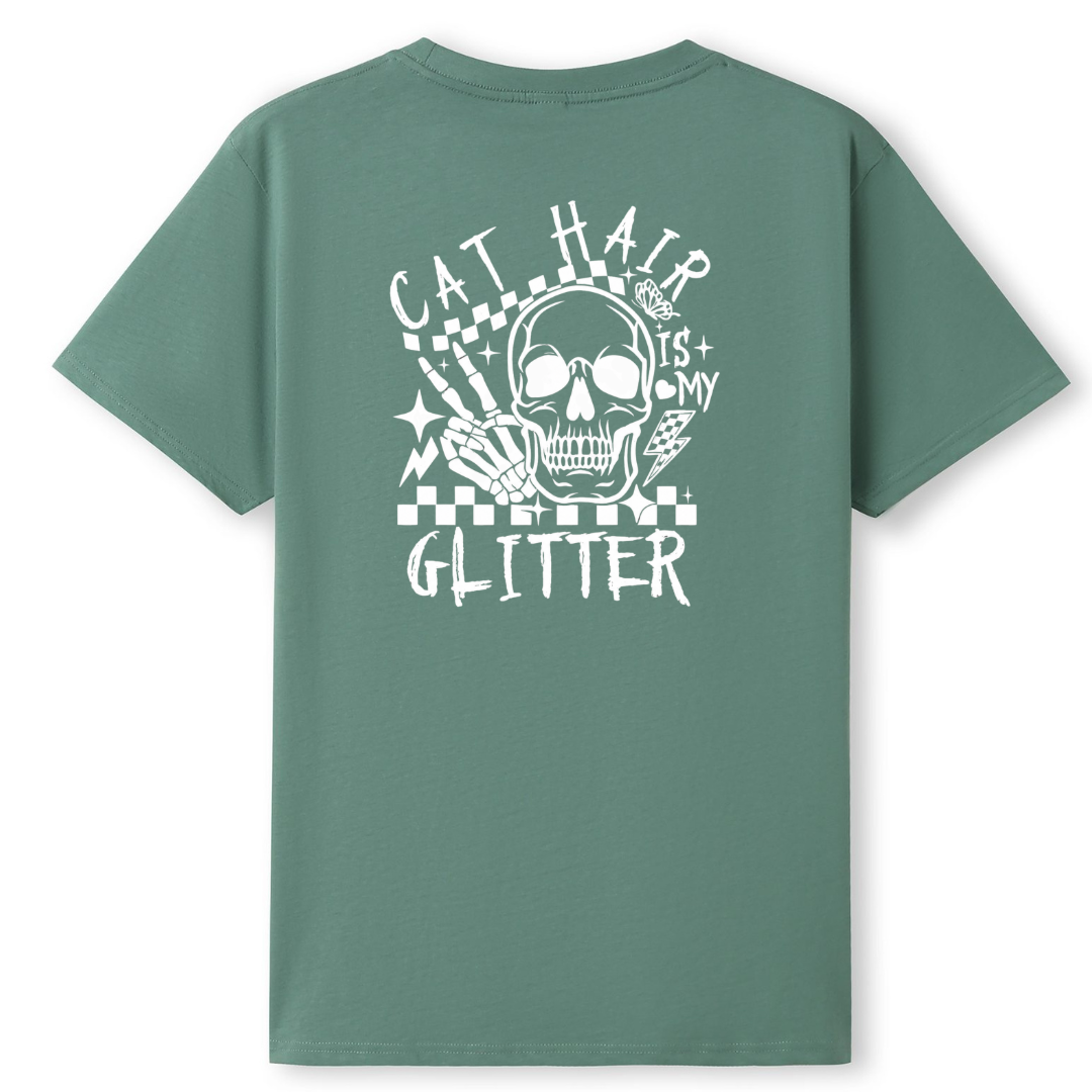 Green t-shirt with a skull design and text on the back against a white background