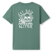 Green t-shirt with a skull design and text on the back against a white background