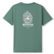 Green t-shirt with white graphic and text on a white background