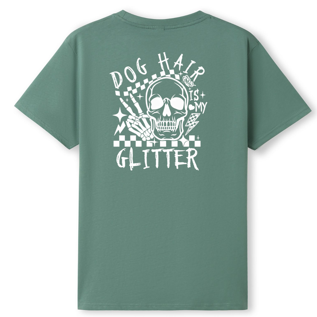 Green t-shirt with a skull design and text on the back against a white background