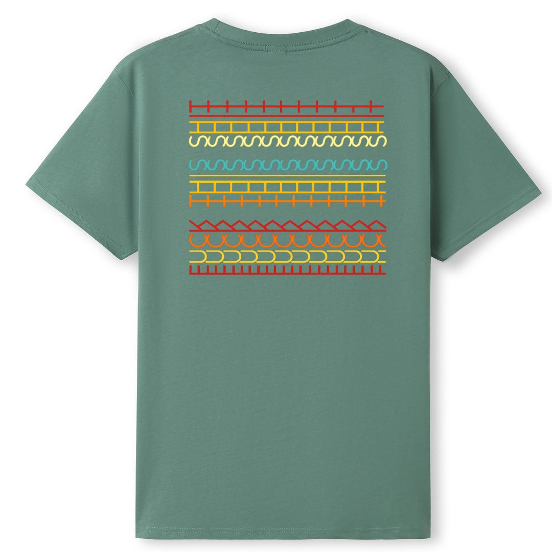 Green t-shirt with colorful geometric pattern on the back against a white background