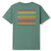 Green t-shirt with colorful geometric pattern on the back against a white background