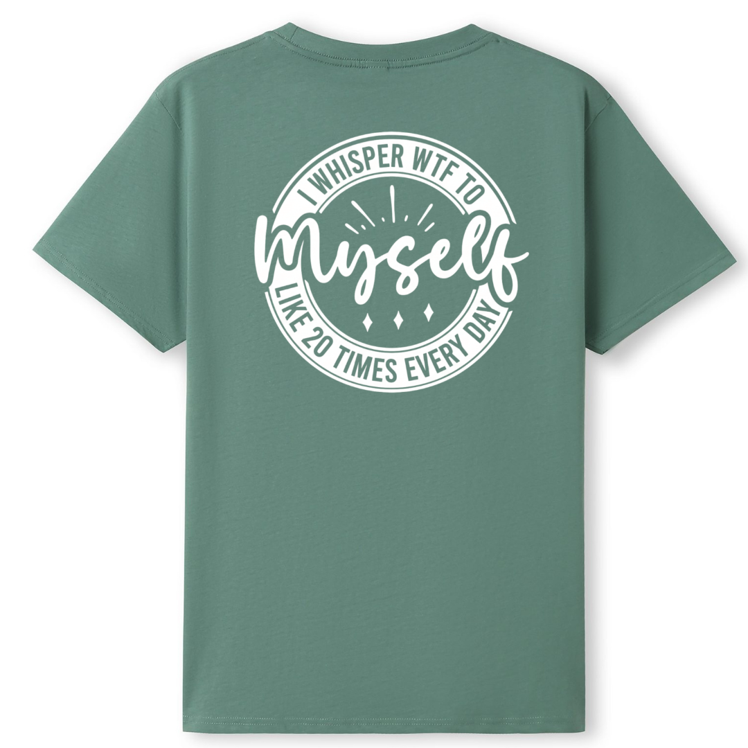 Green t-shirt with white text on the back on a white background
