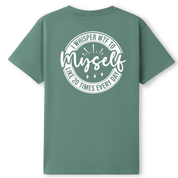 Green t-shirt with white text on the back on a white background