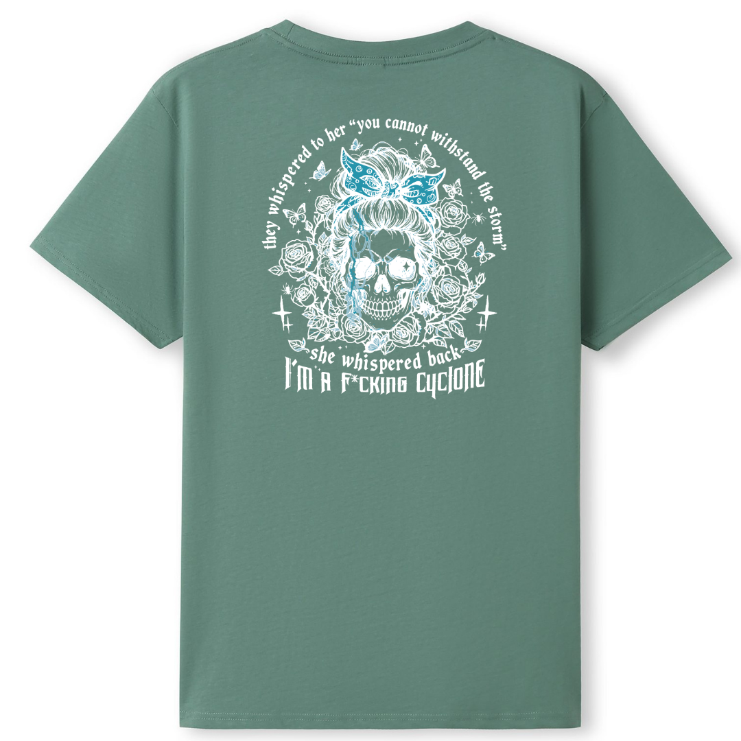 Green t-shirt with a skull design and text on the back, displayed against a white background.