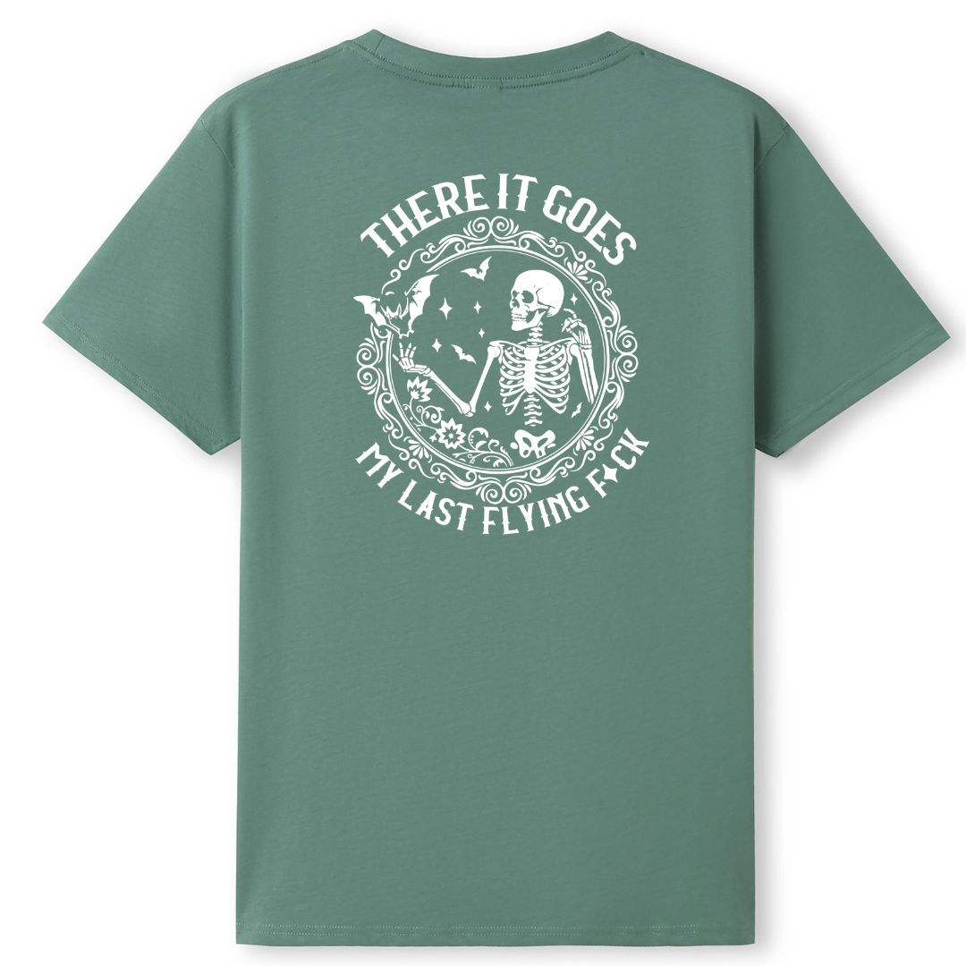 Green t-shirt with a graphic design and text on the back, displayed against a white background.