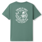 Green t-shirt with a graphic design and text on the back, displayed against a white background.