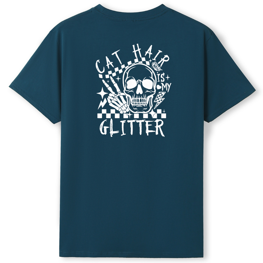 Navy blue t-shirt with a white skull graphic and text on the back