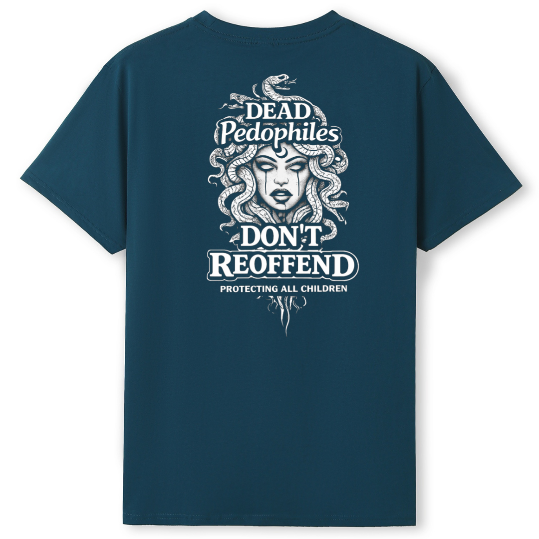 Navy blue t-shirt with white graphic and text on a white background