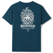 Navy blue t-shirt with white graphic and text on a white background