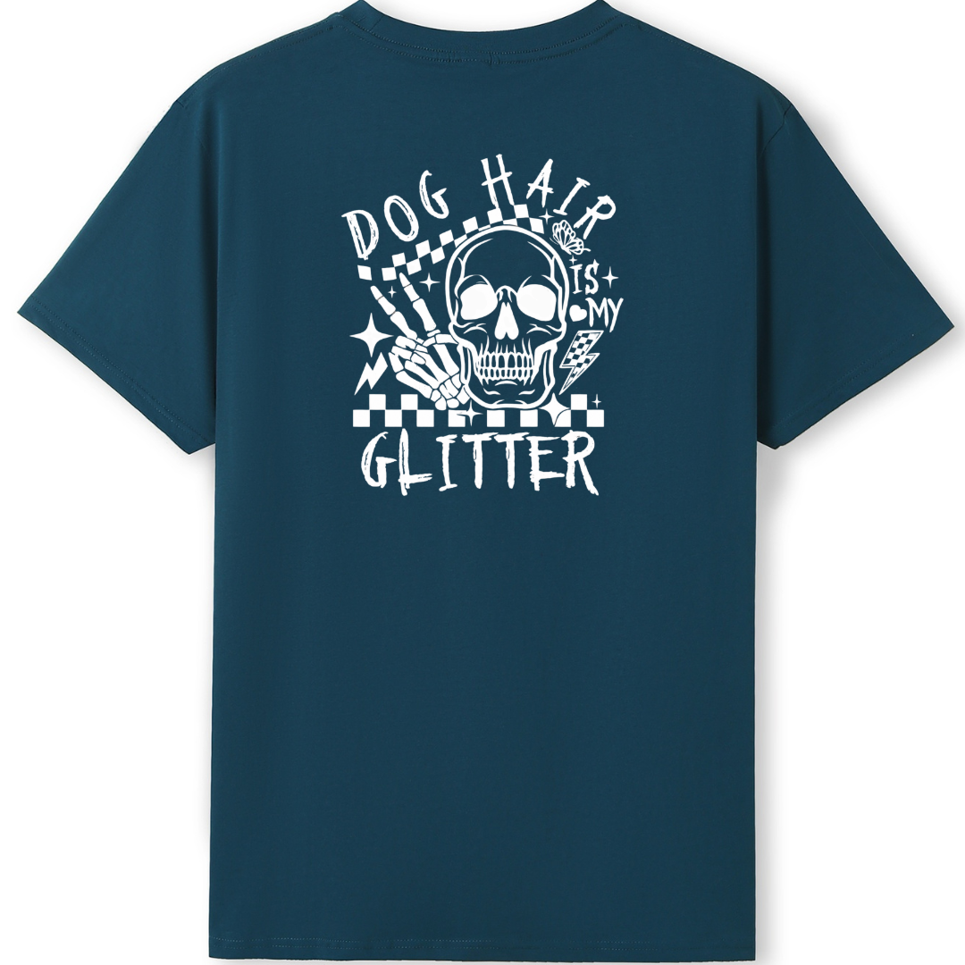 Navy blue t-shirt with white graphic design on the back featuring a skull and text.