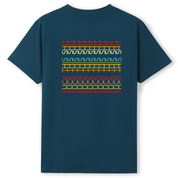 Navy blue t-shirt with colorful geometric pattern on the back against a white background