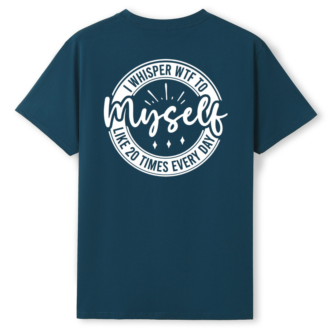 Navy blue t-shirt with white text on the back on a white background