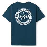 Navy blue t-shirt with white text on the back on a white background