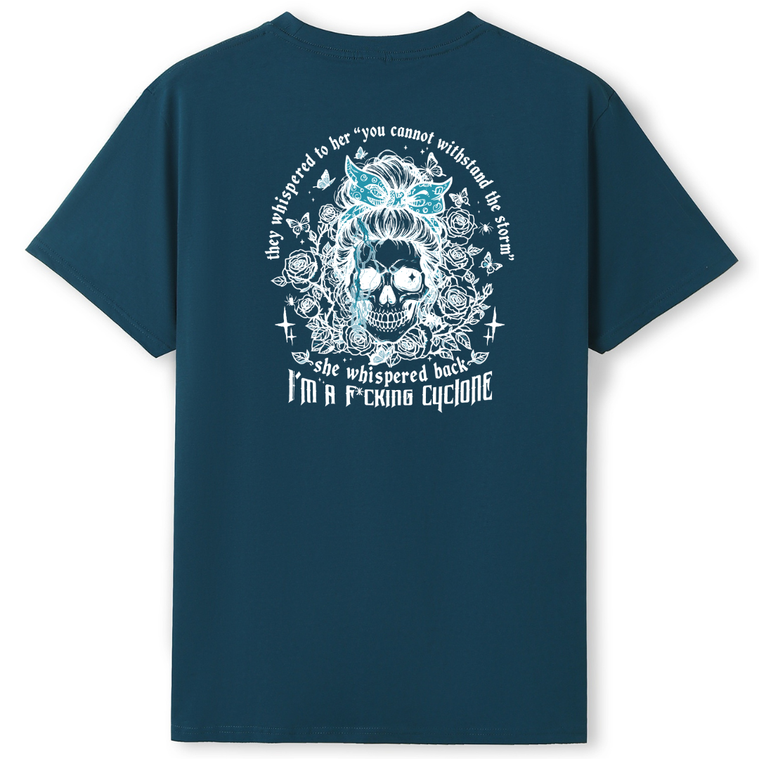 Navy blue t-shirt with white graphic design and text on the back