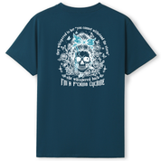 Navy blue t-shirt with white graphic design and text on the back