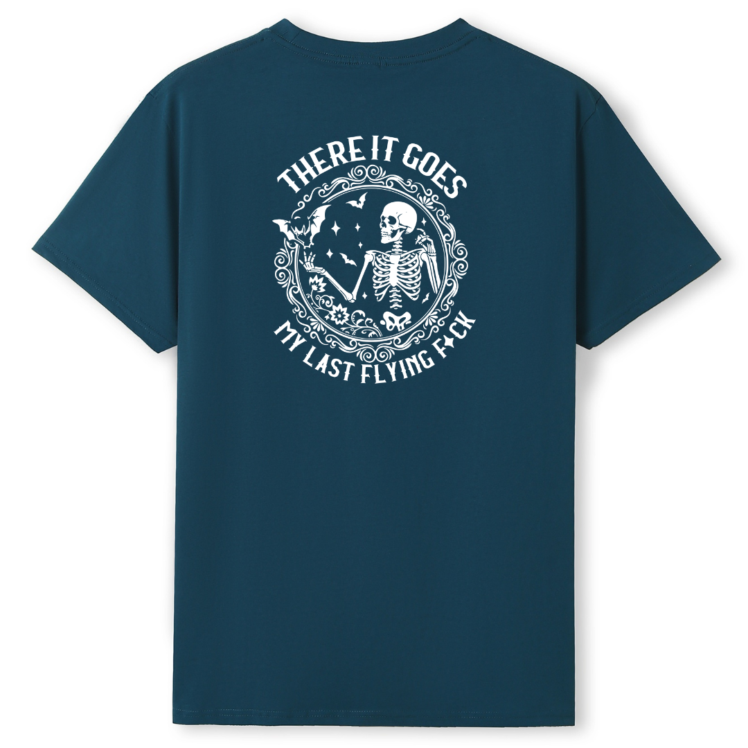 Navy blue t-shirt with a white graphic and text on the back