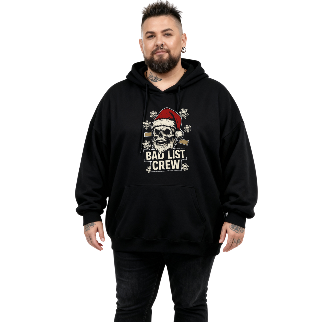 Person wearing a black hoodie with a graphic design on a white background