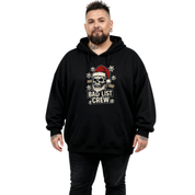 Person wearing a black hoodie with a graphic design on a white background