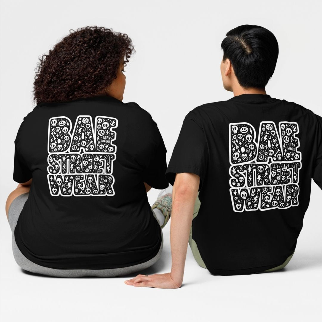 Two people wearing black t-shirts with 'BAE STREET WEAR' printed on the back.