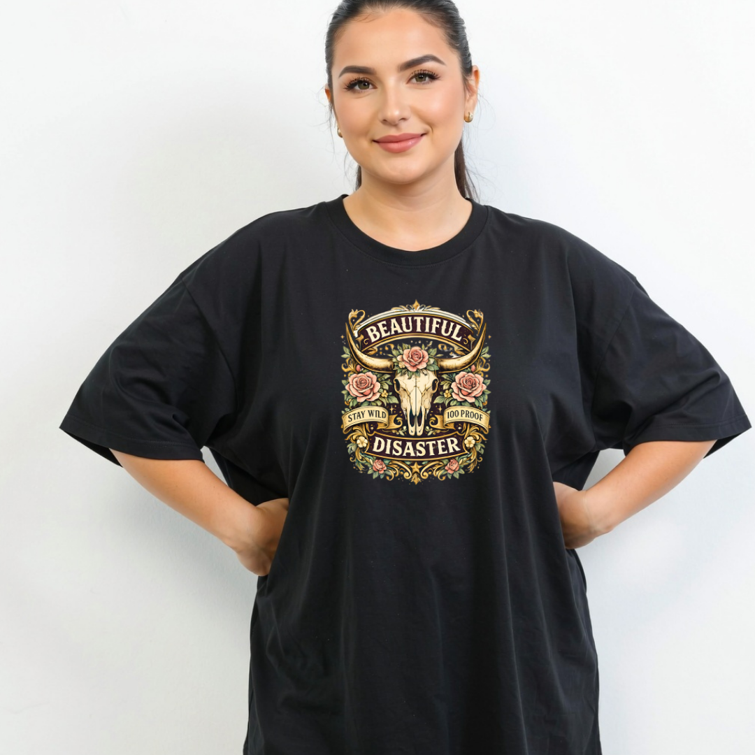 Woman wearing a black t-shirt with a graphic design on a white background