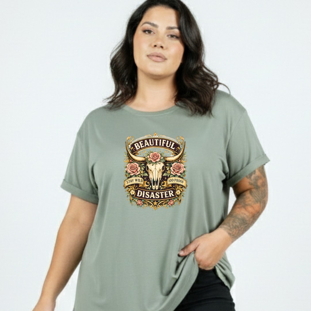 Woman wearing a green t-shirt with a graphic design on a plain background