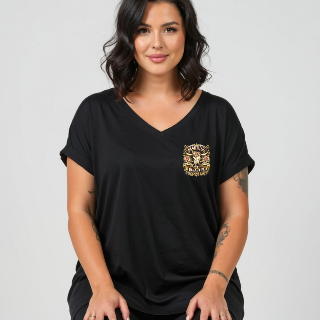 Woman wearing a black t-shirt with a logo on a gray background