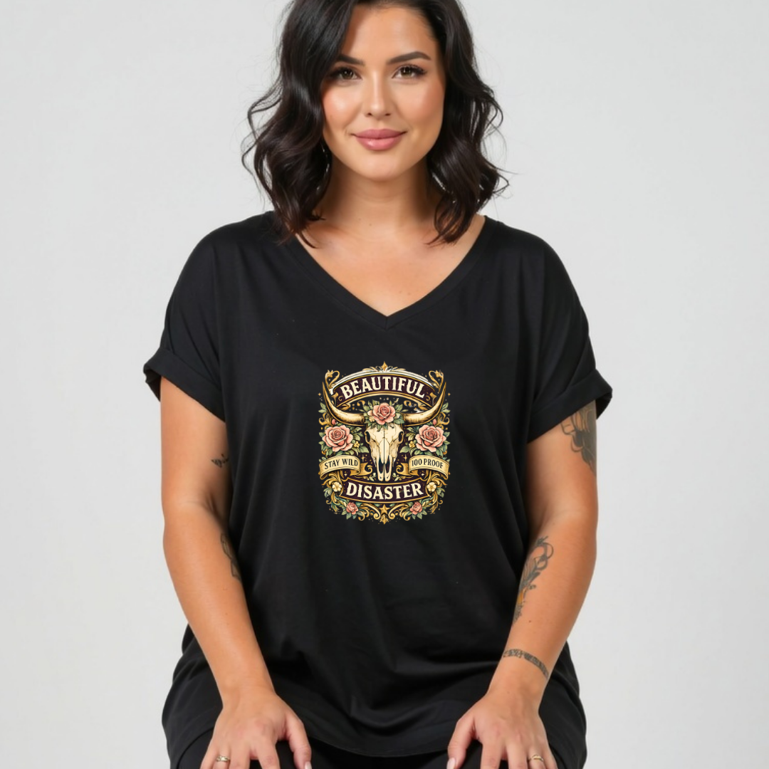 Woman wearing a black t-shirt with a graphic design on a plain background