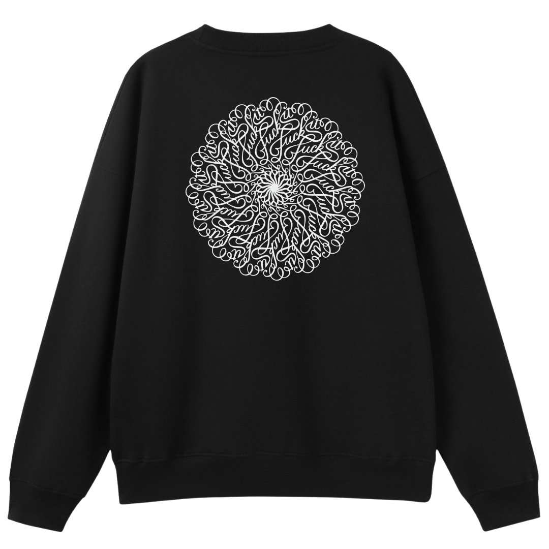A black crewneck sweatshirt shown from the back, featuring a large white circular mandala-style graphic printed on the center back.