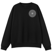 A black crewneck sweatshirt with a white mandala graphic printed on the left chest, displayed against a solid white background.