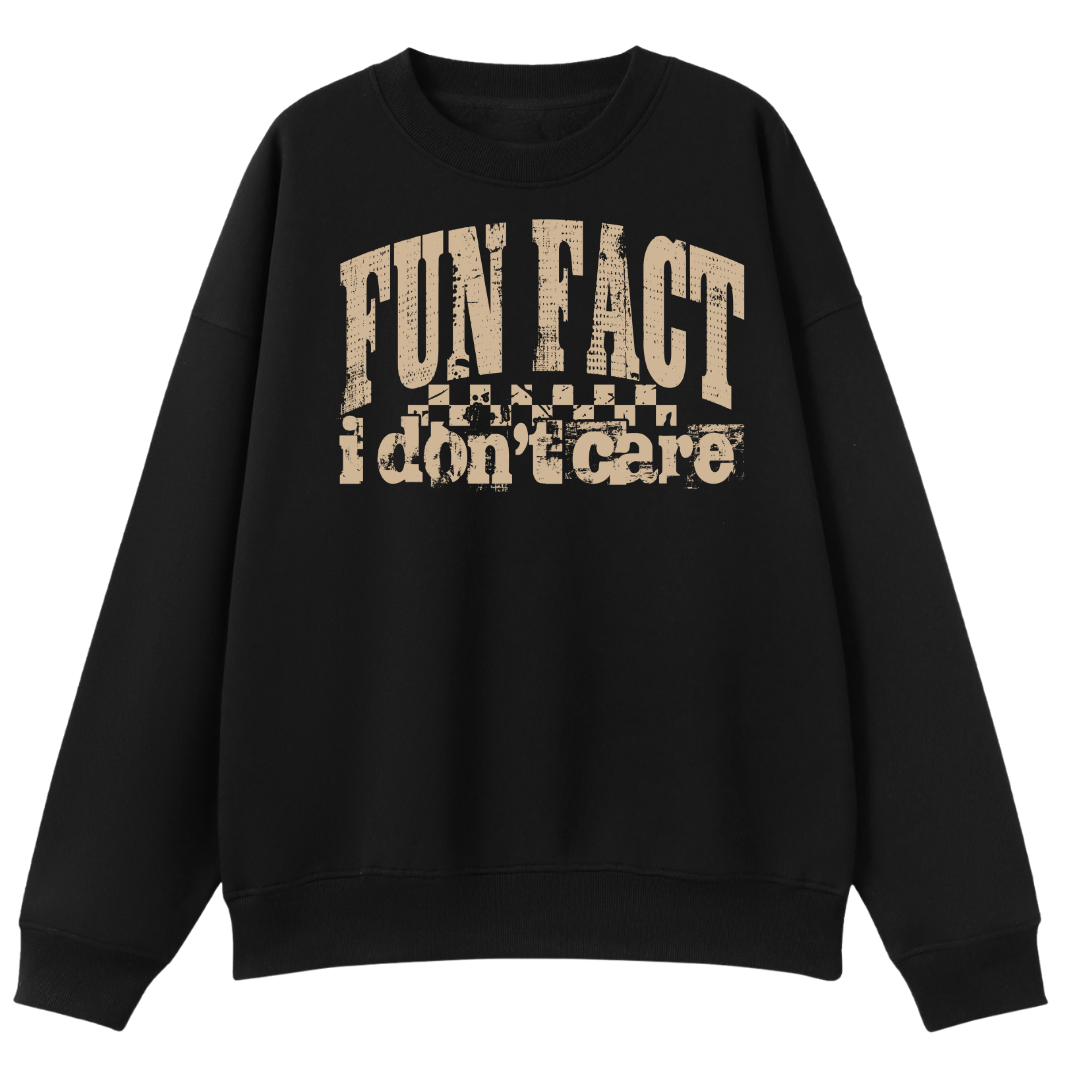 A black crewneck sweatshirt with a distressed beige graphic on the front that reads 'FUN FACT i don't care' over a small checkerboard pattern, shown against a plain white background.