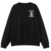 A black crewneck sweatshirt with a small graphic on the left chest featuring a cartoon owl and the text 'NAMASTE MADAMEFAKS' in white.