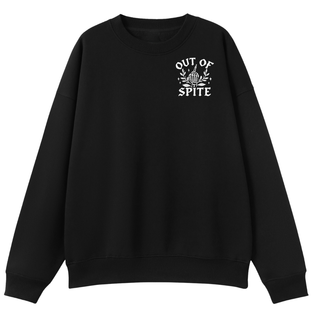A black crewneck sweatshirt with a white graphic on the left chest that reads 'OUT OF SPITE' around a campfire illustration, displayed on a solid white background.