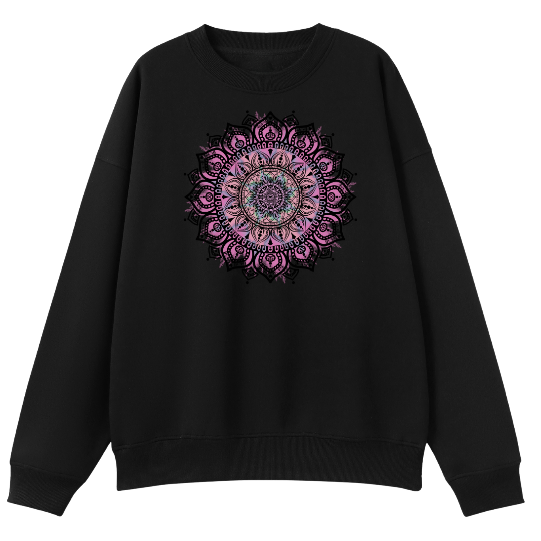 A black crewneck sweatshirt featuring a large, detailed mandala graphic on the chest in shades of pink, purple, and blue.