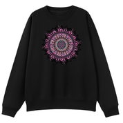 A black crewneck sweatshirt featuring a large, detailed mandala graphic on the chest in shades of pink, purple, and blue.