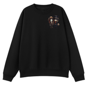 A black crewneck sweatshirt with a small graphic print on the left chest showing two cartoon characters dressed in gothic attire, one wearing a brown hat and the other a black top hat, set against a plain white background.