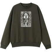 An olive green crewneck sweatshirt featuring a white tarot card graphic on the chest with the text 'SUKU SAGE & BRIDGES' at the bottom.