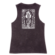 A sleeveless black tank top with a large white graphic print on the back, featuring a skeleton holding a flaming altar and the text 'BURNS SAGE & BRIDGES'.