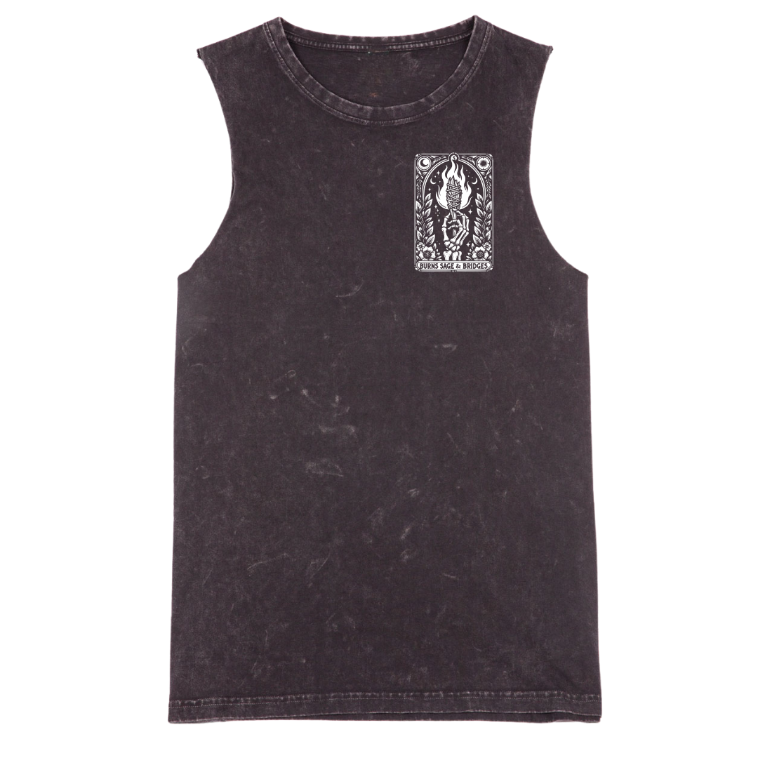 A sleeveless tank top in a washed black or charcoal color, featuring a white graphic print on the left chest with a stylized figure and the text 'PUSH THE BUTTON'. The tank top is displayed flat against a solid white background.