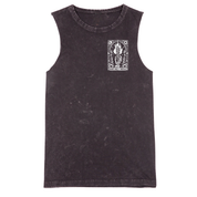 A sleeveless tank top in a washed black or charcoal color, featuring a white graphic print on the left chest with a stylized figure and the text 'PUSH THE BUTTON'. The tank top is displayed flat against a solid white background.