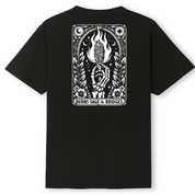 A black short-sleeve t-shirt shown from the back, featuring a large white graphic print of a tarot card design with a skeleton holding a flaming torch and the text 'BURNS SAGE & BRIDGES' at the bottom.