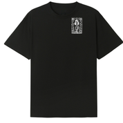 A black short-sleeve crewneck t-shirt featuring a small white graphic print on the left chest with a stylized face and the text 'THE GODDESS'.
