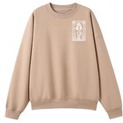 A beige crewneck sweatshirt with a white graphic print on the left chest, displayed on a clean white background.